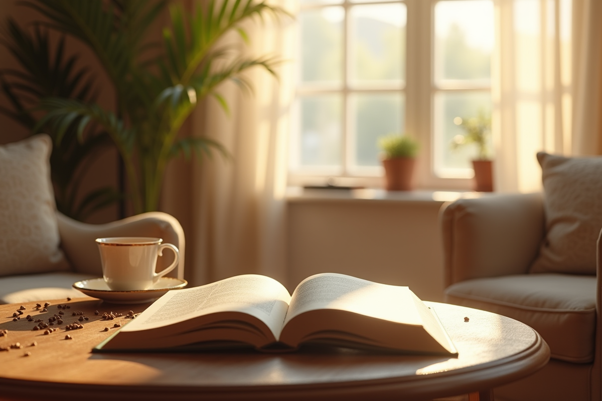 Salon cosy avec livre et tasse de thé en après-midi