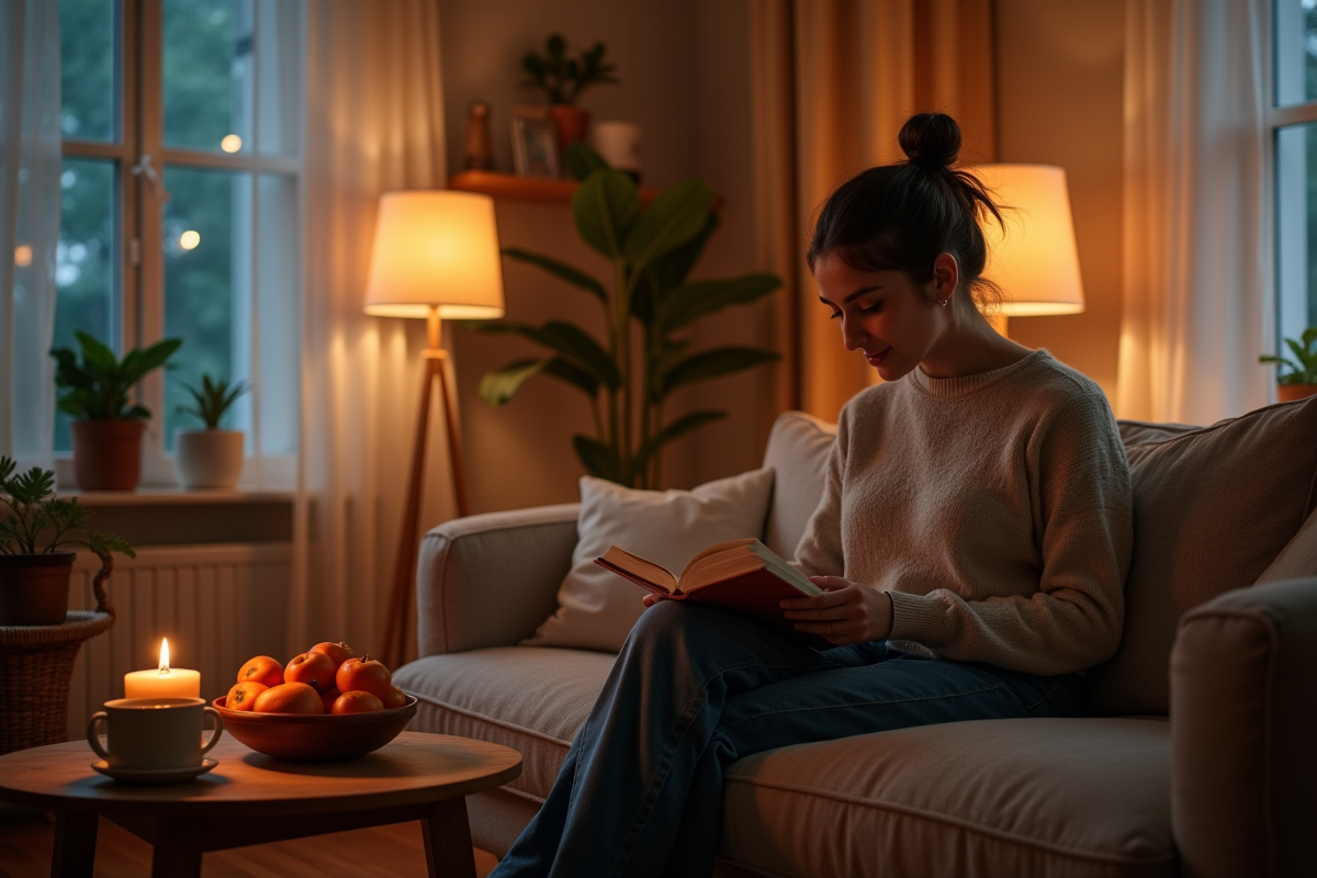 Salon cosy avec femme lisant un livre et snacks sains
