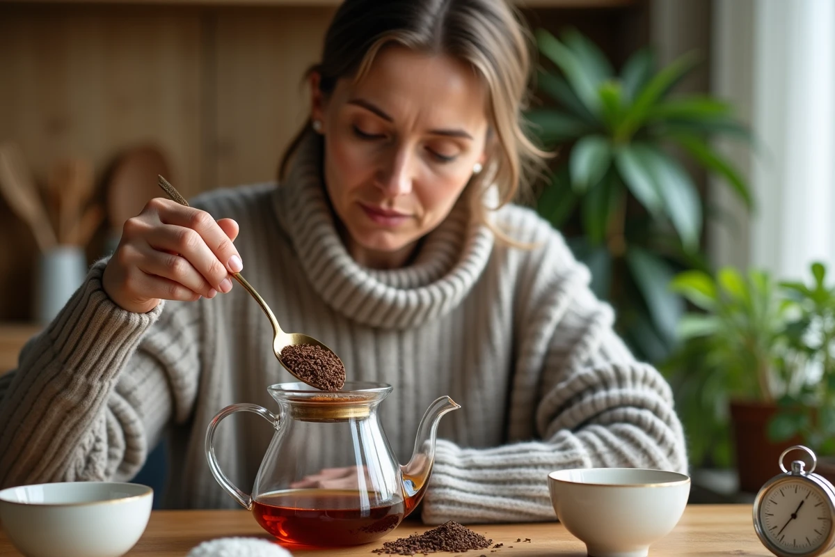 Femme versant du rooibos dans une théière en cuisine chaleureuse