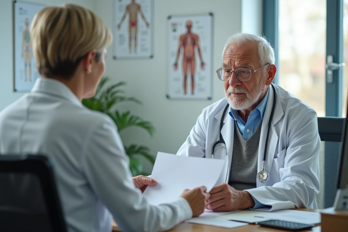 Homme &acirc;g&eacute; remet une lettre au m&eacute;decin dans un cabinet m&eacute;dical