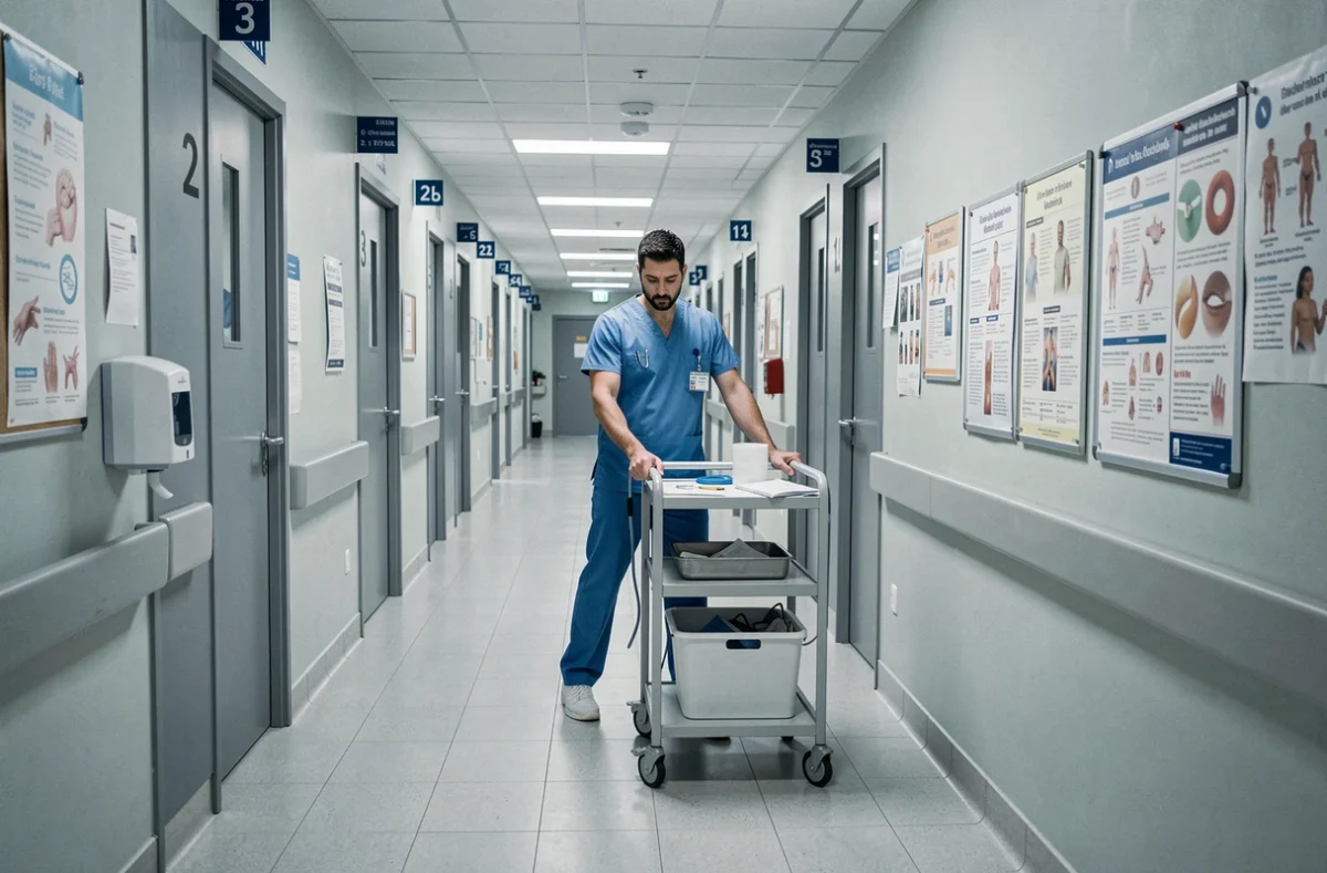 Couloir du service d'odontologie de l'Hôpital Sainte-Musse à Toulon avec un soignant