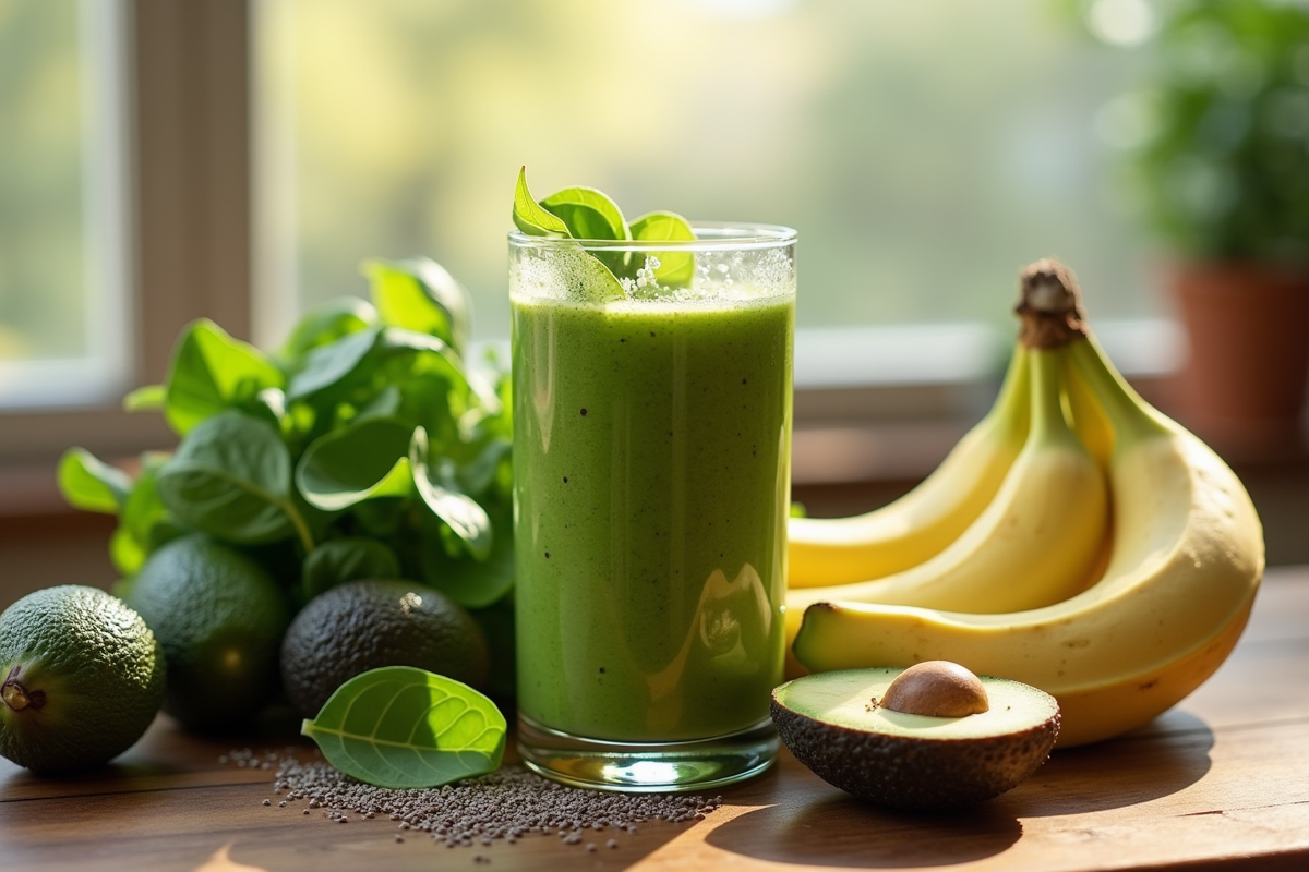 Smoothie vert frais dans un verre sur une table en bois avec épinards et bananes