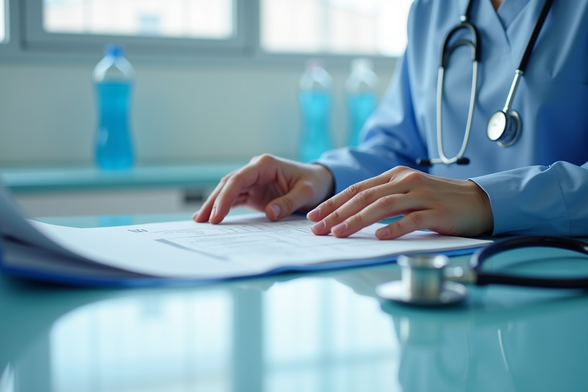 Professionnel de santé examinant un dossier à la station de soins