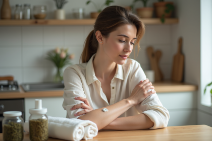 Femme appliquant une creme naturelle sur son eczema