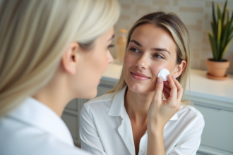 Femme en consultation dermatologique avec crème visage