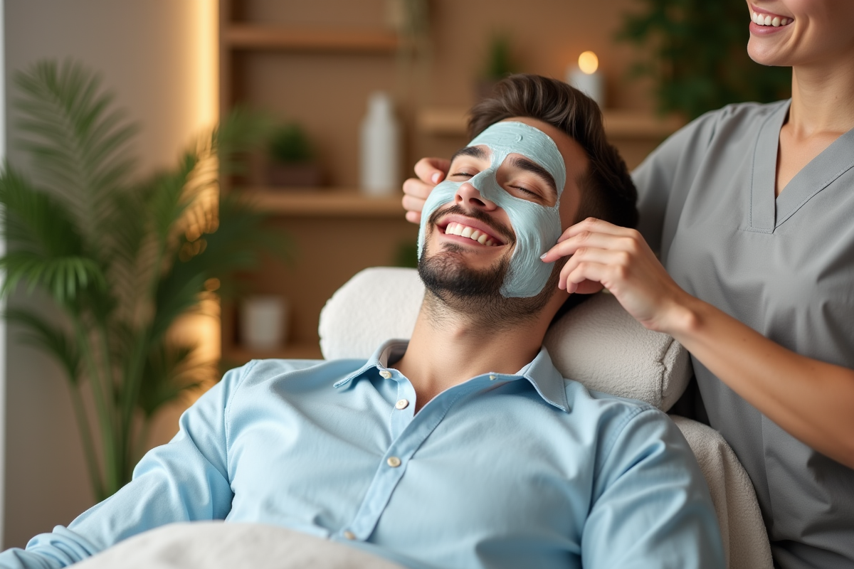 Jeune homme recevant masque visage dans spa moderne