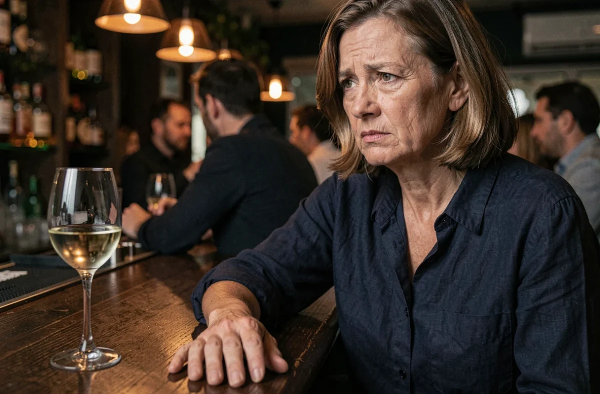Femme au comptoir d'un bar avec un verre de vin blanc, main crispée évoquant un spasme musculaire lié à l'alcool