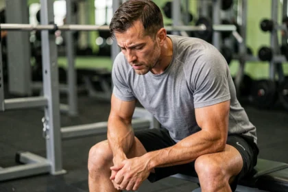 Sportif masculin épuisé assis sur un banc de salle de sport, illustrant les symptômes de fatigue liés à un faible taux de potassium dans le sang