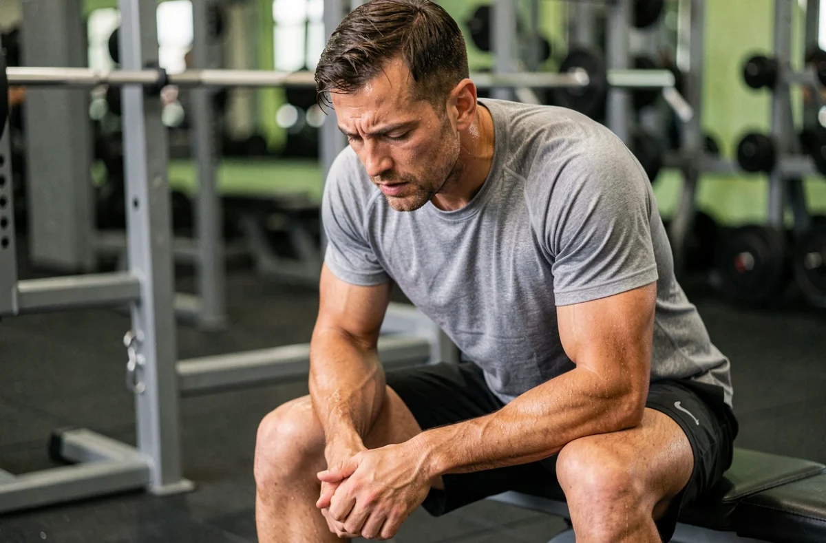 Sportif masculin épuisé assis sur un banc de salle de sport, illustrant les symptômes de fatigue liés à un faible taux de potassium dans le sang