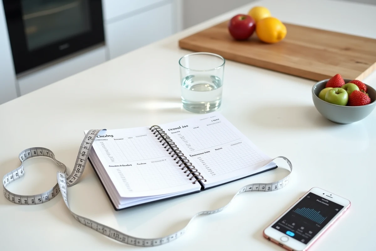 Vue de dessus d'un journal de suivi minceur, un mètre ruban et des fruits frais sur un comptoir de cuisine blanc
