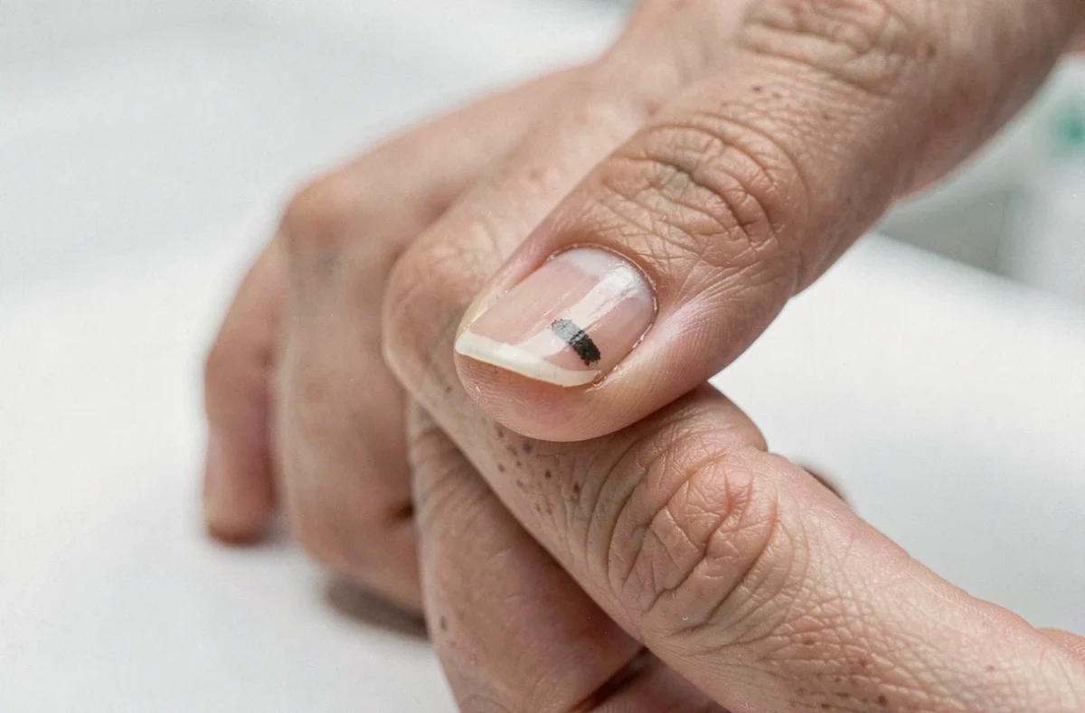 Gros plan sur un ongle présentant une tache noire longitudinale, permettant d'observer la différence visuelle entre mélanome et mycose sous-unguéale