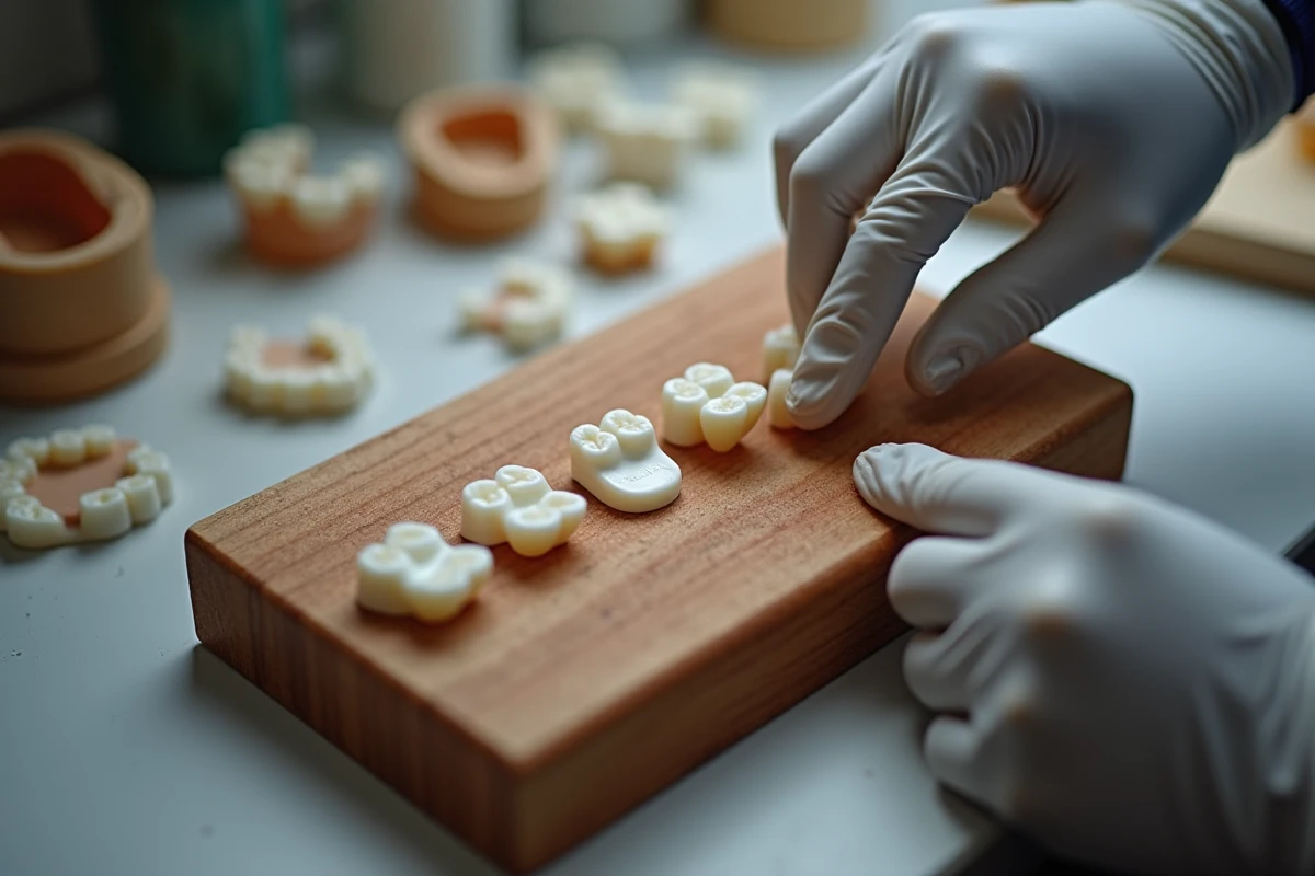 Mains d’un technicien manipulant des échantillons de dents en résine