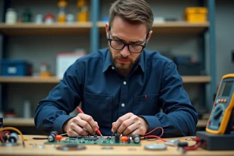 Technicien électricien mesurant la tension d'un circuit avec un multimètre numérique dans un atelier électronique