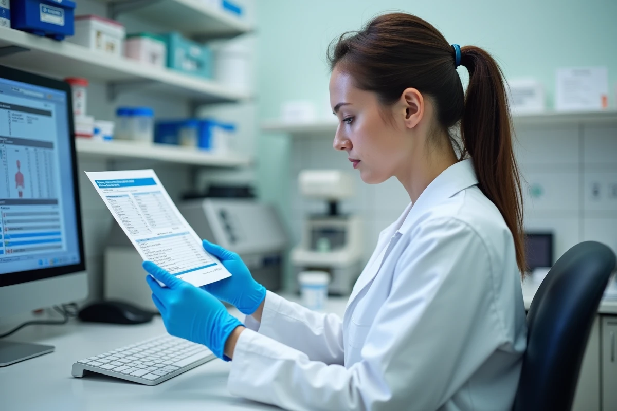 Technicienne de laboratoire analysant un résultat d'analyse de sang dans un environnement médical professionnel