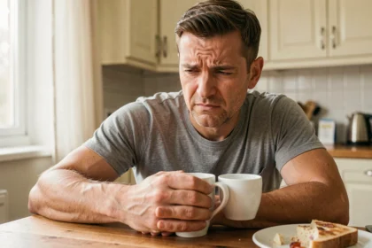 Homme tenant une tasse de café avec un léger tressautement musculaire visible sur l'avant-bras, assis dans une cuisine