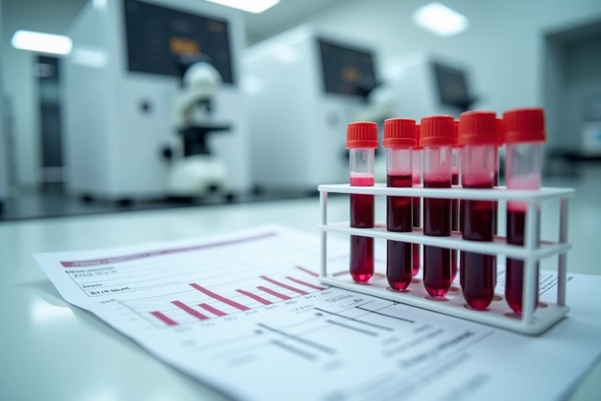 Tubes d'analyse sanguine sur paillasse de laboratoire médical avec rapport de données corporelles incluant volume de sang et poids