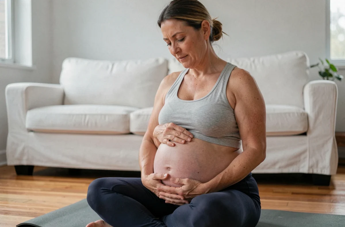 Femme assise sur un tapis de yoga avec les mains sur le ventre, illustrant un ventre ballonné ou arrondi