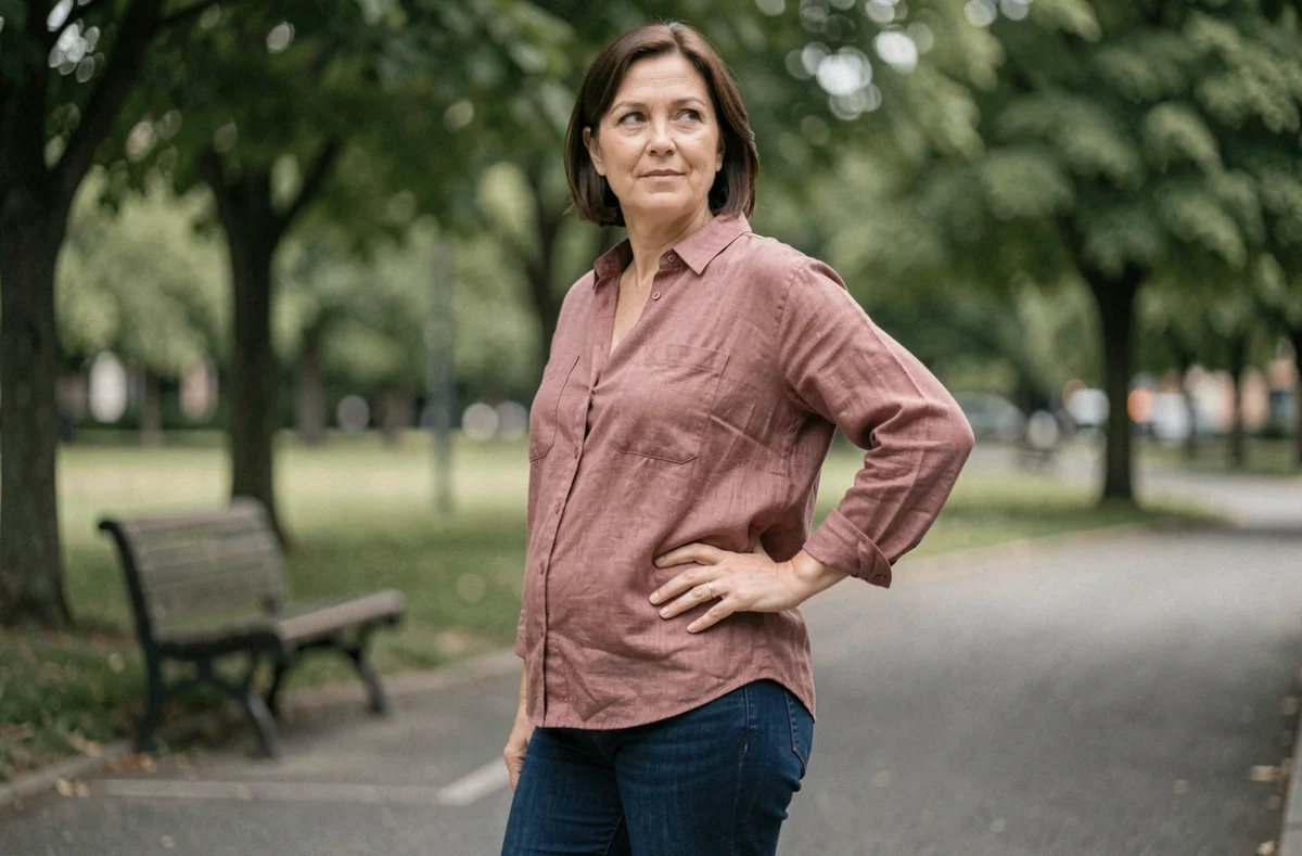 Femme d'une cinquantaine d'années debout dans un parc montrant son profil abdominal, type de ventre hormonal