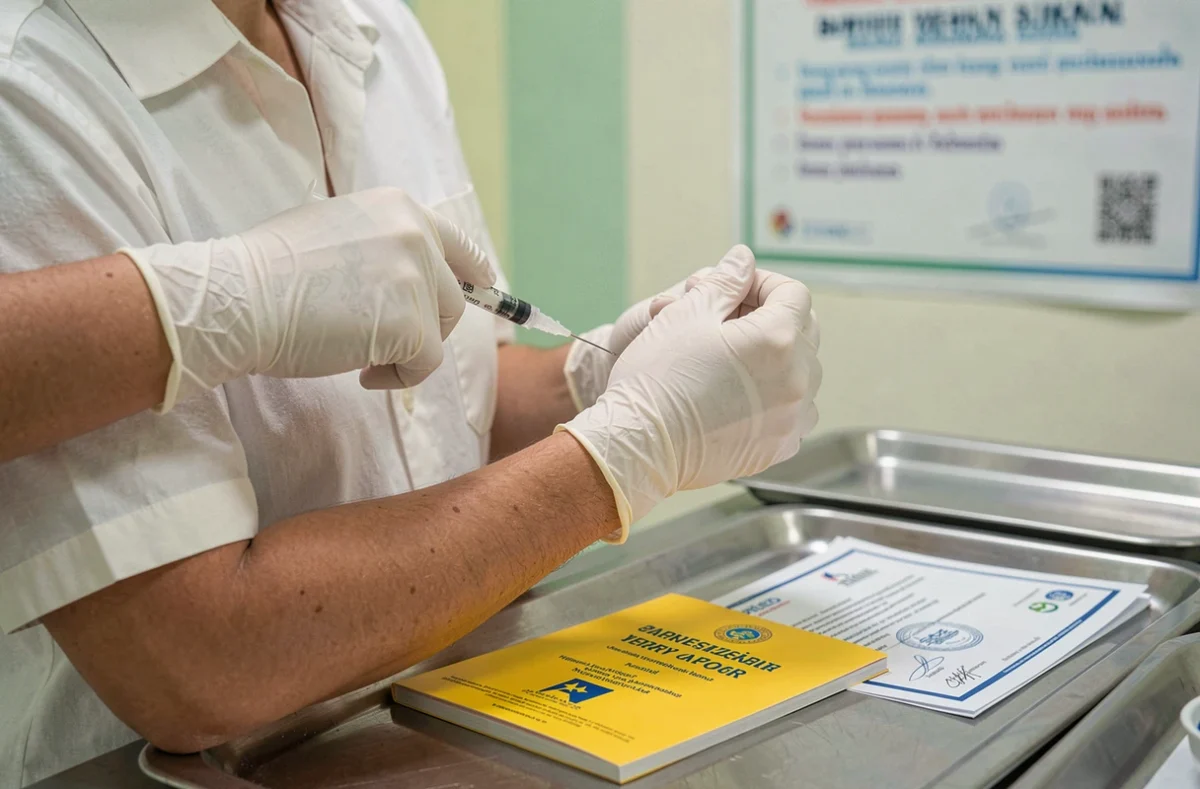 Injection du vaccin contre la fièvre jaune avec carnet de vaccination international posé sur la table, obligatoire pour entrer en Tanzanie