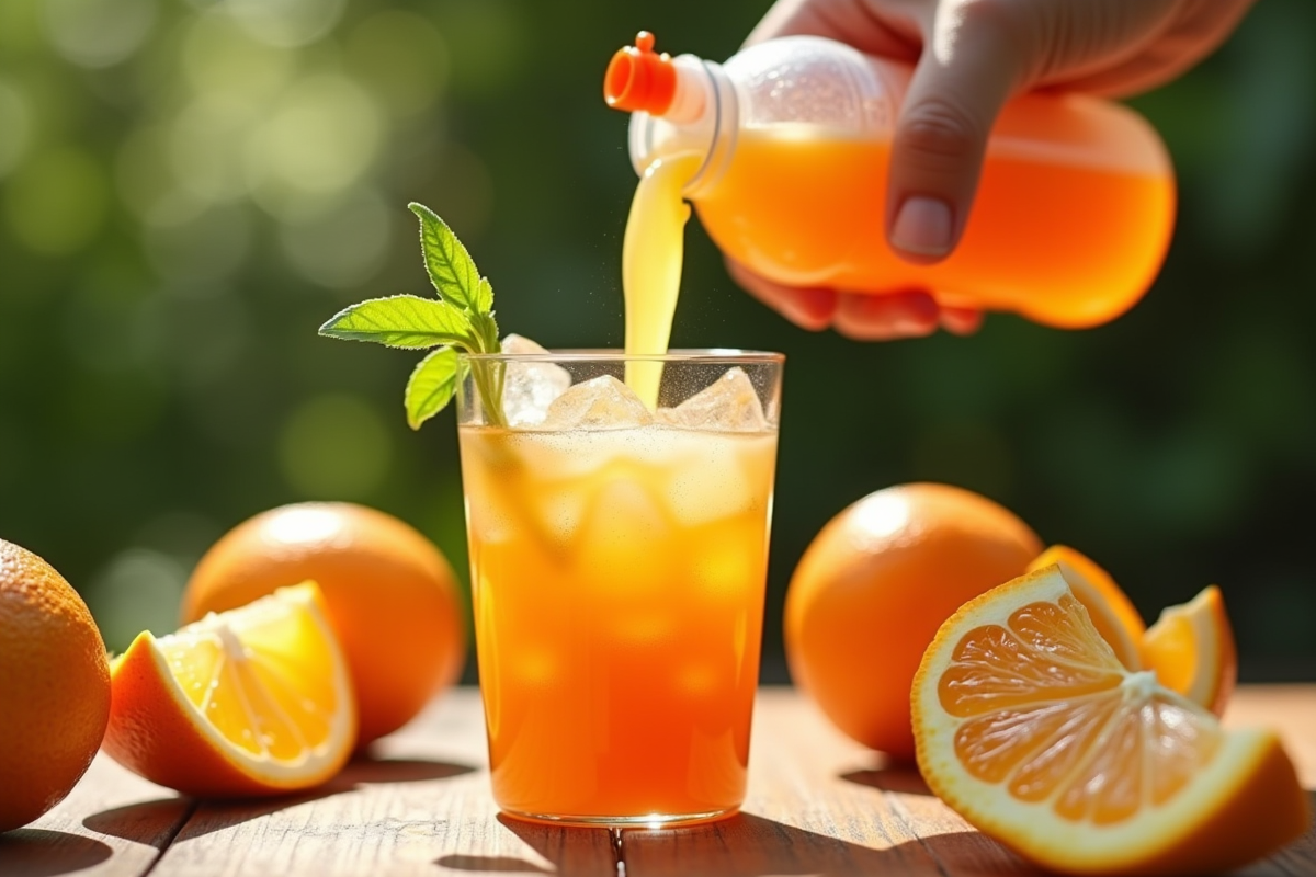 Main versant Gatorade orange dans un verre avec glace et oranges fraîches
