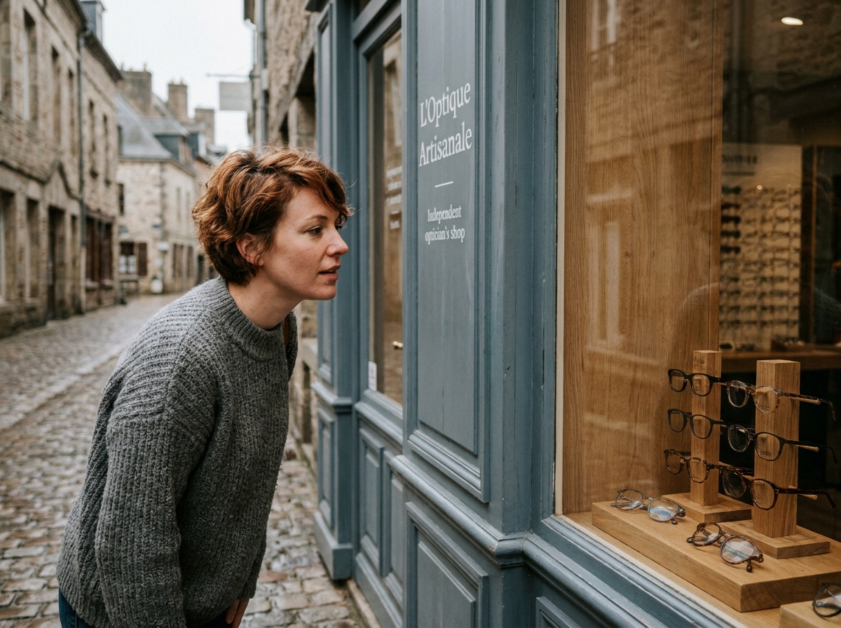 Jeune femme regardant la vitrine d'un opticien indépendant dans une rue de Bourbourg