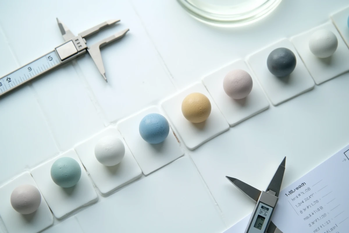 Vue aérienne de perles de céramique disposées sur une surface de laboratoire avec instruments de mesure scientifiques